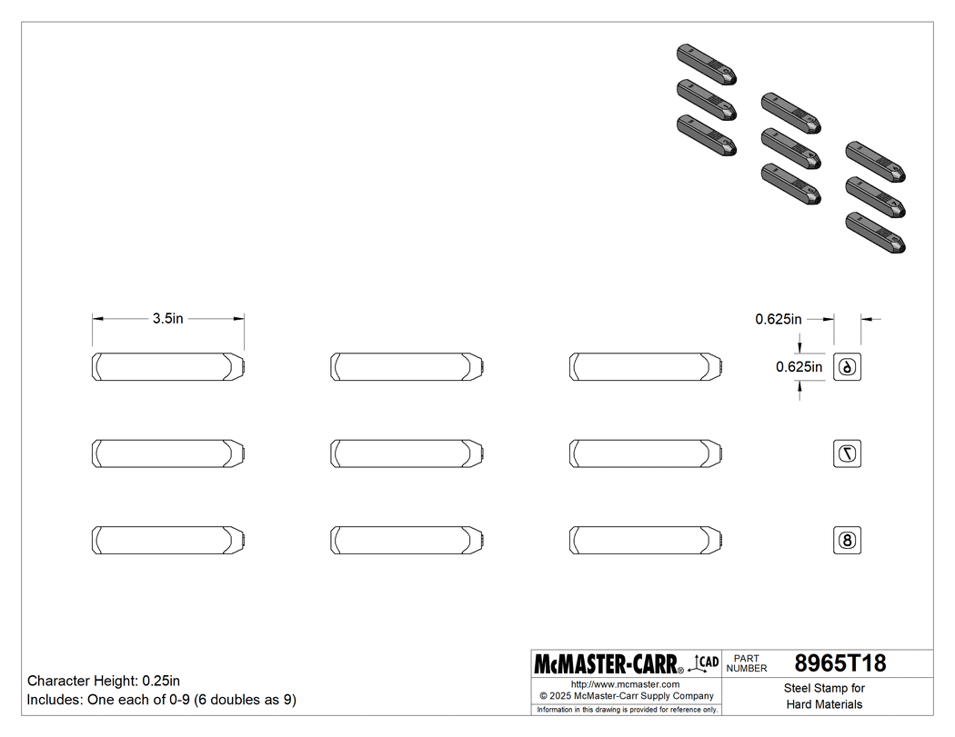 Technical Drawing of Steel Stamp for Hard Materials, Number Set, 1/4" Character Height.